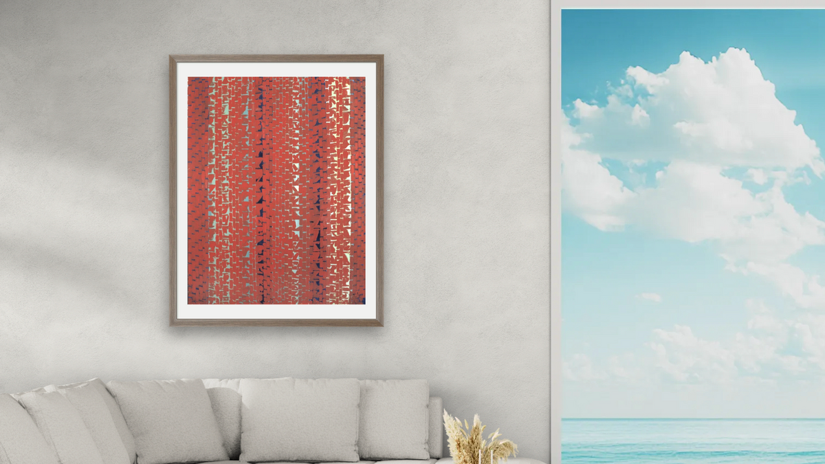 Red Sunset, Old Pond Concerto by Alma Thomas, shown at 30 × 40 in (76.2 × 101.6 cm) in Arber Light Walnut, living