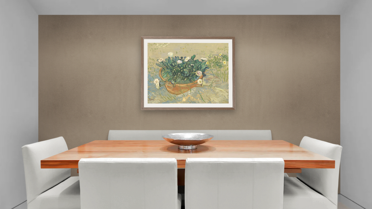 Daisies, Arles by Vincent van Gogh, shown at 32 × 40 in (81.3 × 101.6 cm) in Arber Light Walnut, dining