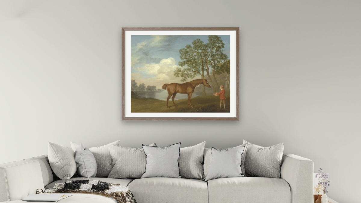 Pumpkin with a Stable-lad by George Stubbs, shown at 32 × 40 in (81.3 × 101.6 cm) in Arber Light Walnut, living