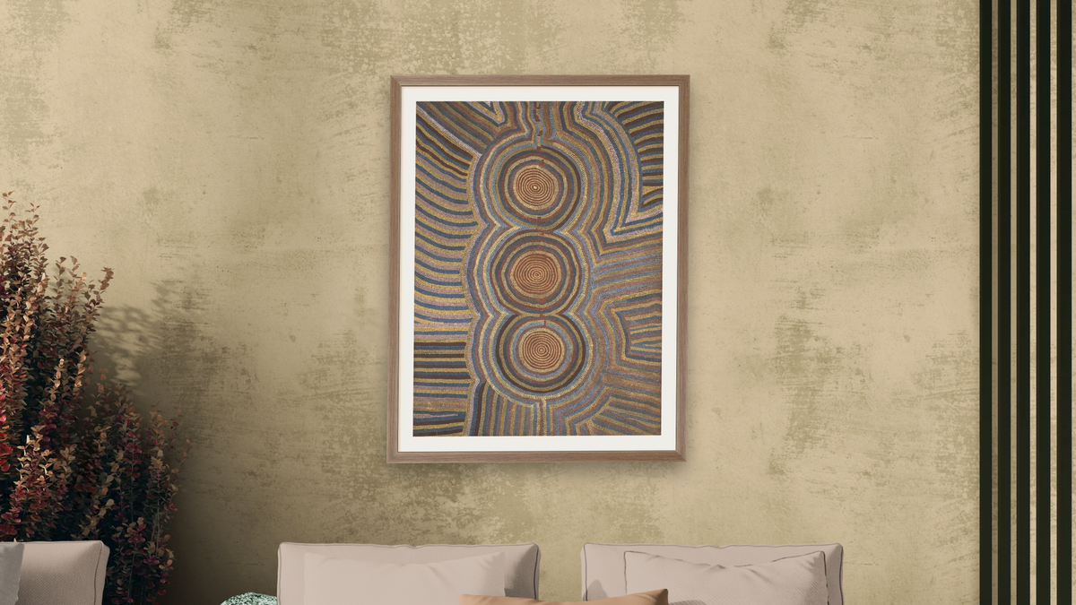 Women's Dreaming, shown at 30 × 40 in (76.2 × 101.6 cm) in Arber Light Walnut, living