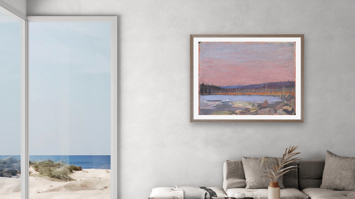 A Northern Lake by Tom Thomson, shown at 32 × 40 in (81.3 × 101.6 cm) in Arber Light Walnut, living [arteriel-render:v6:room_a:32x40@70,39]