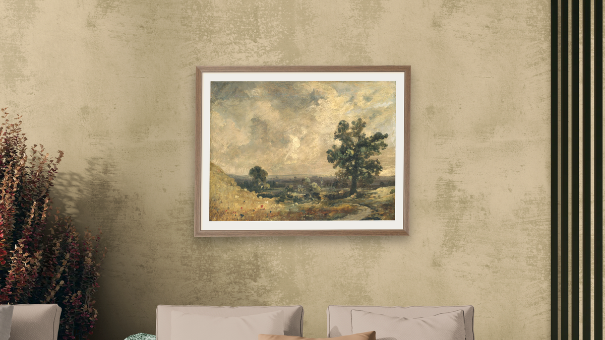 English Landscape, undated by John Constable, shown at 30 × 40 in (76.2 × 101.6 cm) in Arber Light Walnut, living