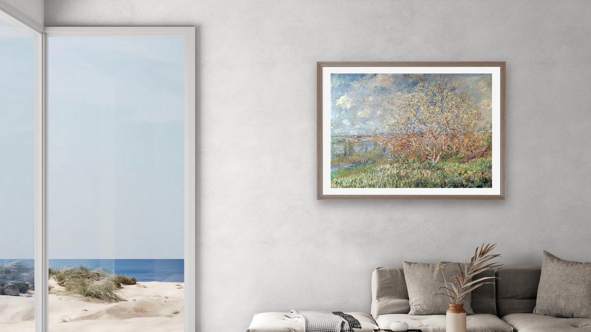 Spring by Claude Monet, shown at 30 × 40 in (76.2 × 101.6 cm) in Arber Light Walnut, living