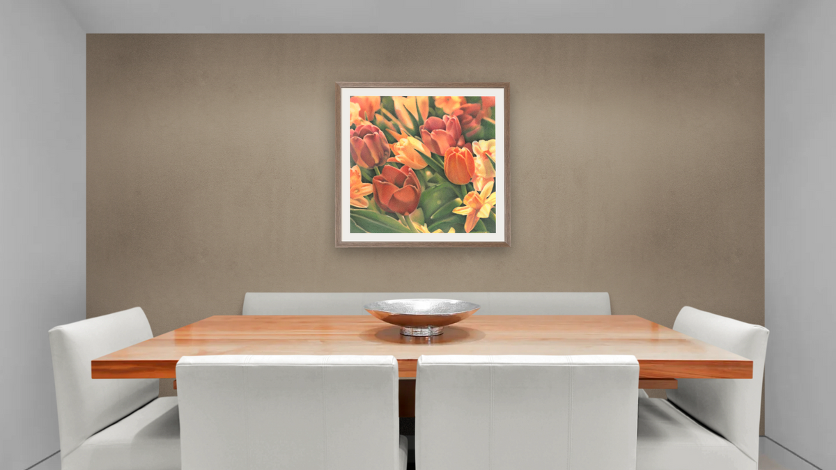 Tulips by Kirsten Söderlind, shown at 32 × 32 in (81.3 × 81.3 cm) in Arber Light Walnut, dining