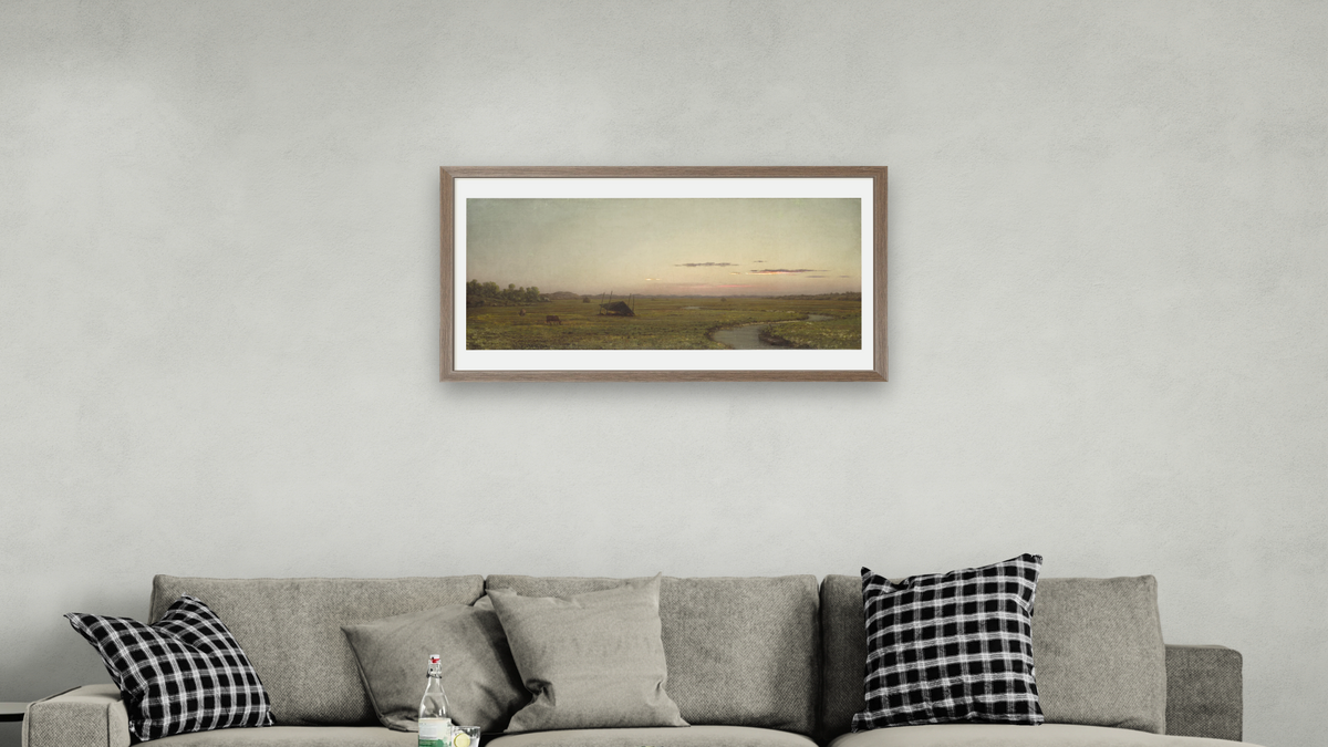 Winding River, Sunset, c. 1863 by Martin Johnson Heade, shown at 20 × 40 in (50.8 × 101.6 cm) in Arber Light Walnut, living