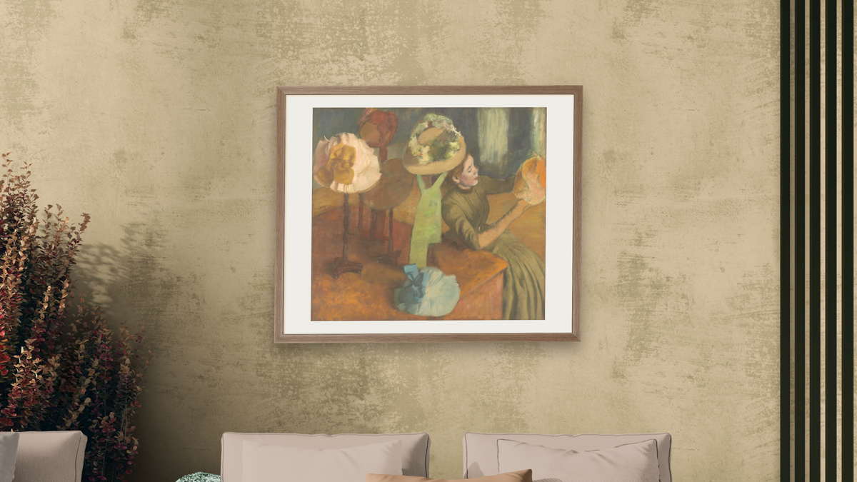 The Millinery Shop by Edgar Degas, shown at 32 × 40 in (81.3 × 101.6 cm) in Arber Light Walnut, living