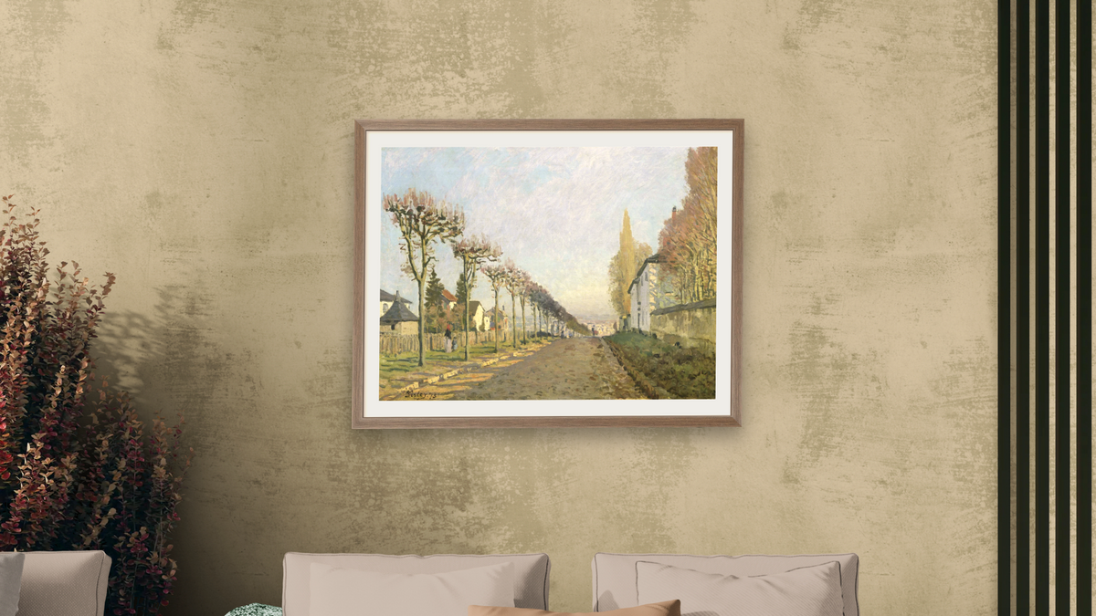 Rue de la Machine, Louveciennes by Alfred Sisley, shown at 30 × 40 in (76.2 × 101.6 cm) in Arber Light Walnut, living