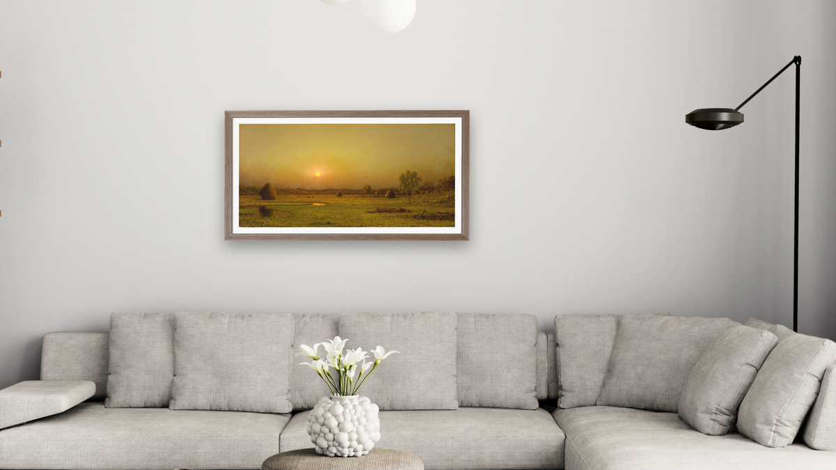 Marsh Sunset, Newburyport, Massachusetts by Martin Johnson Heade, shown at 20 × 40 in (50.8 × 101.6 cm) in Arber Light Walnut, living