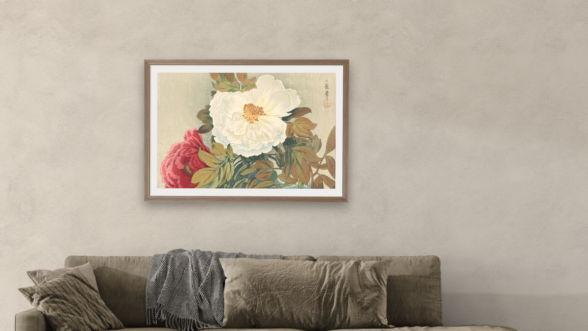 Peonies (Botan) by Oda Kazuma, shown at 28 × 42 in (71.1 × 106.7 cm) in Arber Light Walnut, living