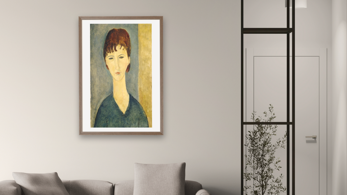Portrait of a Young Woman by Amedeo Modigliani, shown at 28 × 42 in (71.1 × 106.7 cm) in Arber Light Walnut, living
