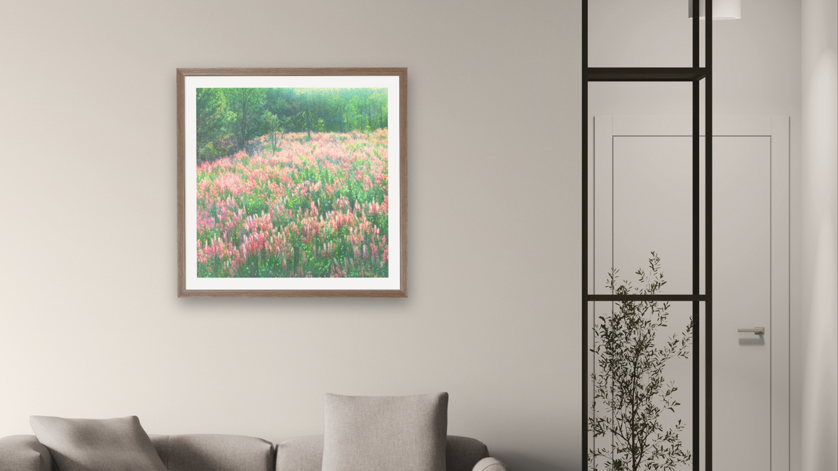 Rhinebeck Field by Kirsten Söderlind, shown at 32 × 32 in (81.3 × 81.3 cm) in Arber Light Walnut, living