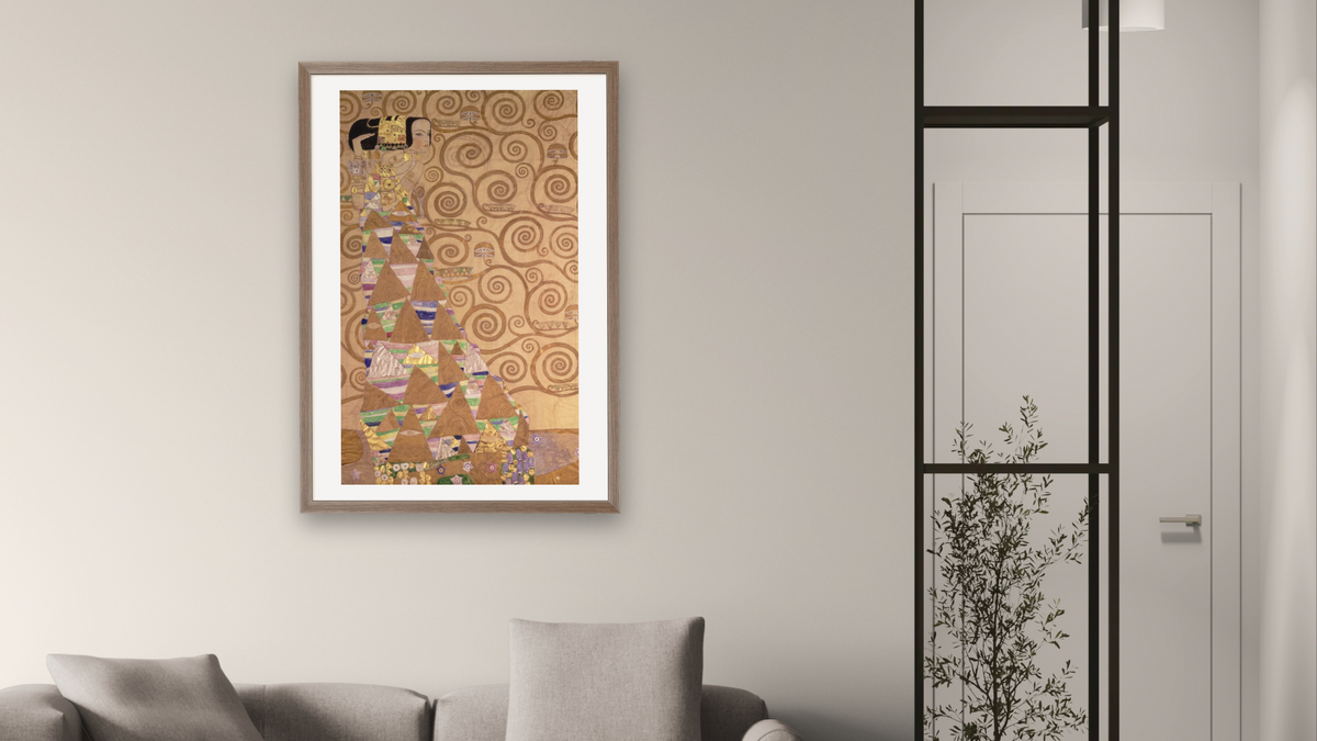 Expectation, preparatory cartoon for the Stoclet Frieze, 1905-1909 by Gustav Klimt, shown at 28 × 42 in (71.1 × 106.7 cm) in Arber Light Walnut, living