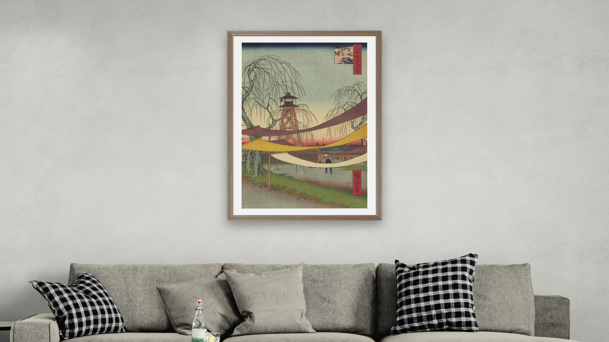 Hatsune Riding Grounds, Bakuro-cho, No. 6 in One Hundred Famous Views of Edo by Utagawa Hiroshige, shown at 28 × 42 in (71.1 × 106.7 cm) in Arber Light Walnut, living