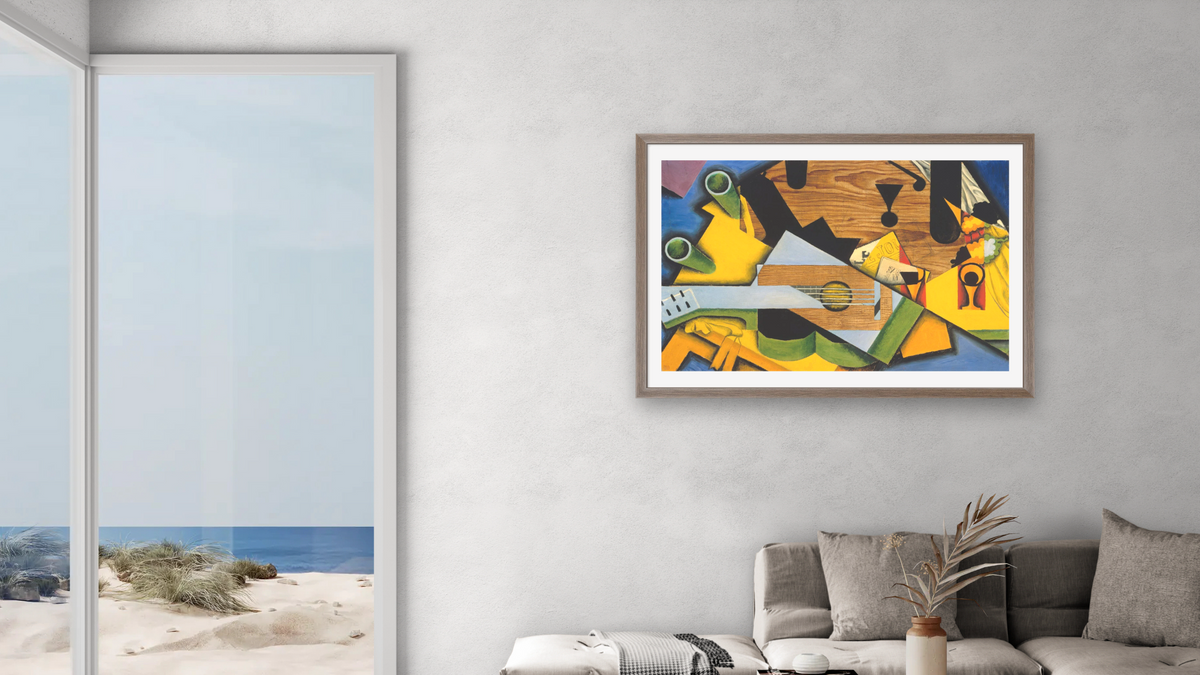 Still Life with a Guitar by Juan Gris, shown at 28 × 42 in (71.1 × 106.7 cm) in Arber Light Walnut, living