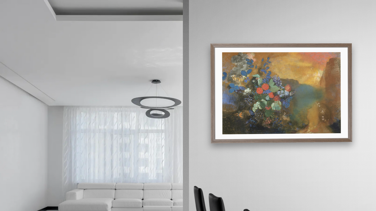 Ophelia Among the Flowers by Odilon Redon, shown at 28 × 42 in (71.1 × 106.7 cm) in Arber Light Walnut, dining