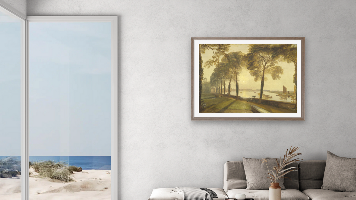 Mortlake Terrace by Joseph Mallord William Turner, shown at 30 × 40 in (76.2 × 101.6 cm) in Arber Light Walnut, living