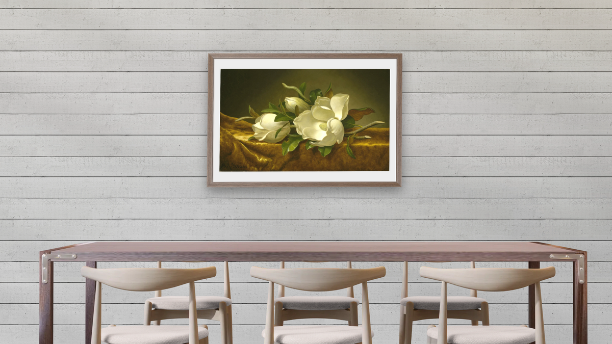 Magnolias on Gold Velvet Cloth by Martin Johnson Heade, shown at 28 × 42 in (71.1 × 106.7 cm) in Arber Light Walnut, dining