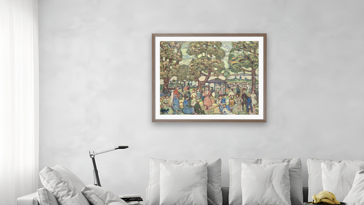 Landscape with Figures No. 2 by Maurice Brazil Prendergast, shown at 32 × 40 in (81.3 × 101.6 cm) in Arber Light Walnut, living