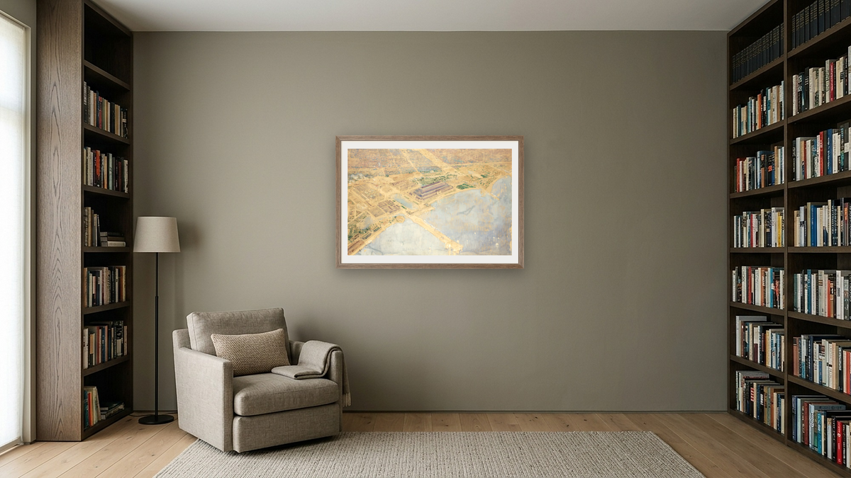 Bird's Eye View of 1893 World's Columbian Exposition Grounds by Childe Hassam, shown at 28 × 42 in (71.1 × 106.7 cm) in Arber Light Walnut, library