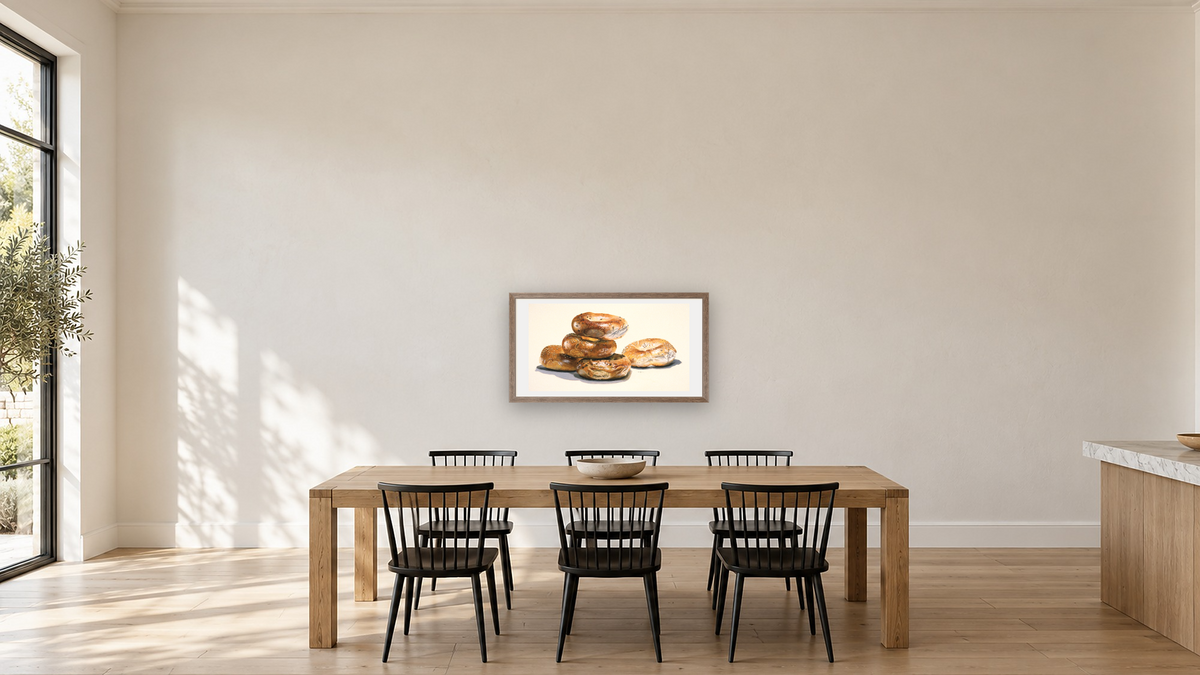 Bagels by Charles Bell, shown at 20 × 40 in (50.8 × 101.6 cm) in Arber Light Walnut, kitchen