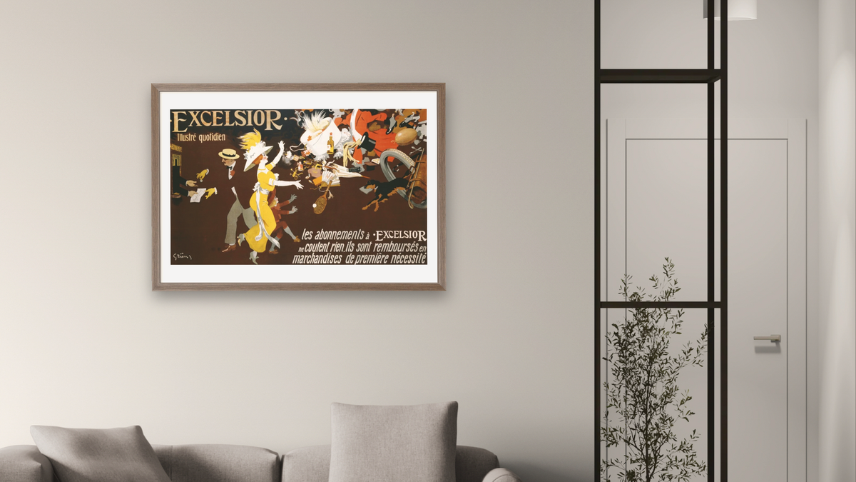 Excelsior Poster by Jules Alexander Grun, shown at 28 × 42 in (71.1 × 106.7 cm) in Arber Light Walnut, living