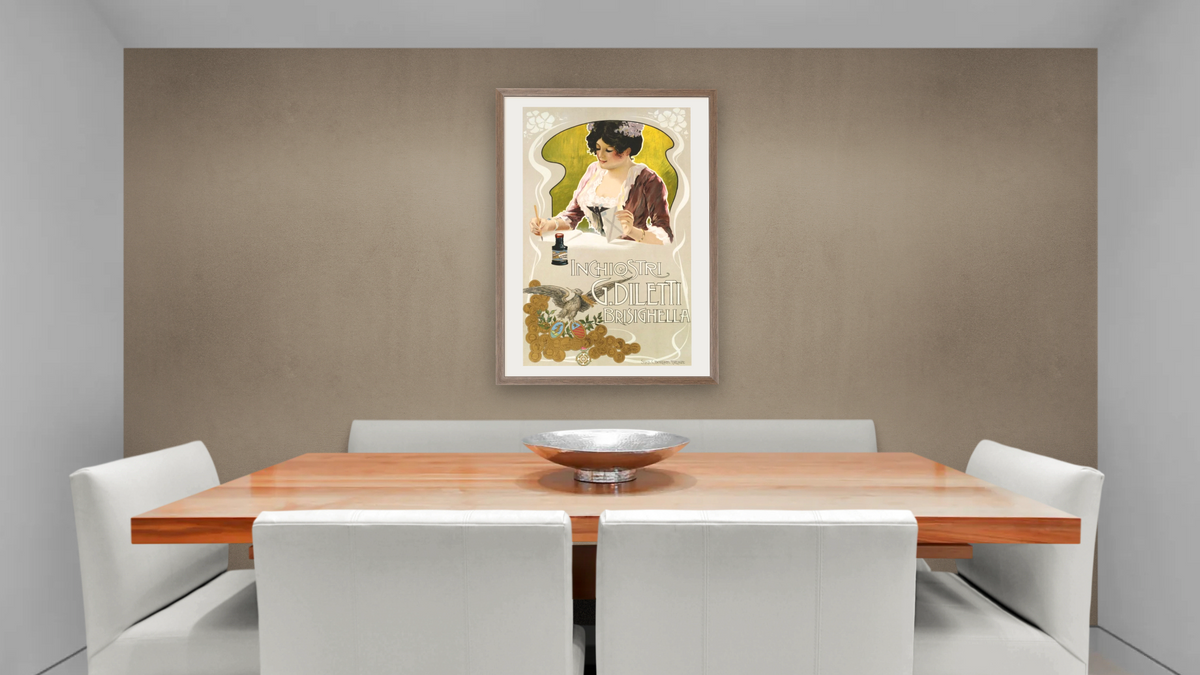 Inchiostri G. Diletti Brisighella Writing Ink Poster, shown at 28 × 42 in (71.1 × 106.7 cm) in Arber Light Walnut, dining