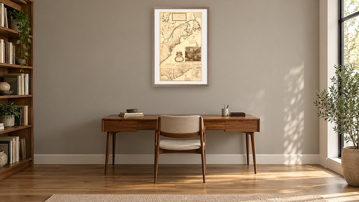 Exact map of the dominions of the King of Great Britain, shown at 28 × 42 in (71.1 × 106.7 cm) in Arber Light Walnut, library