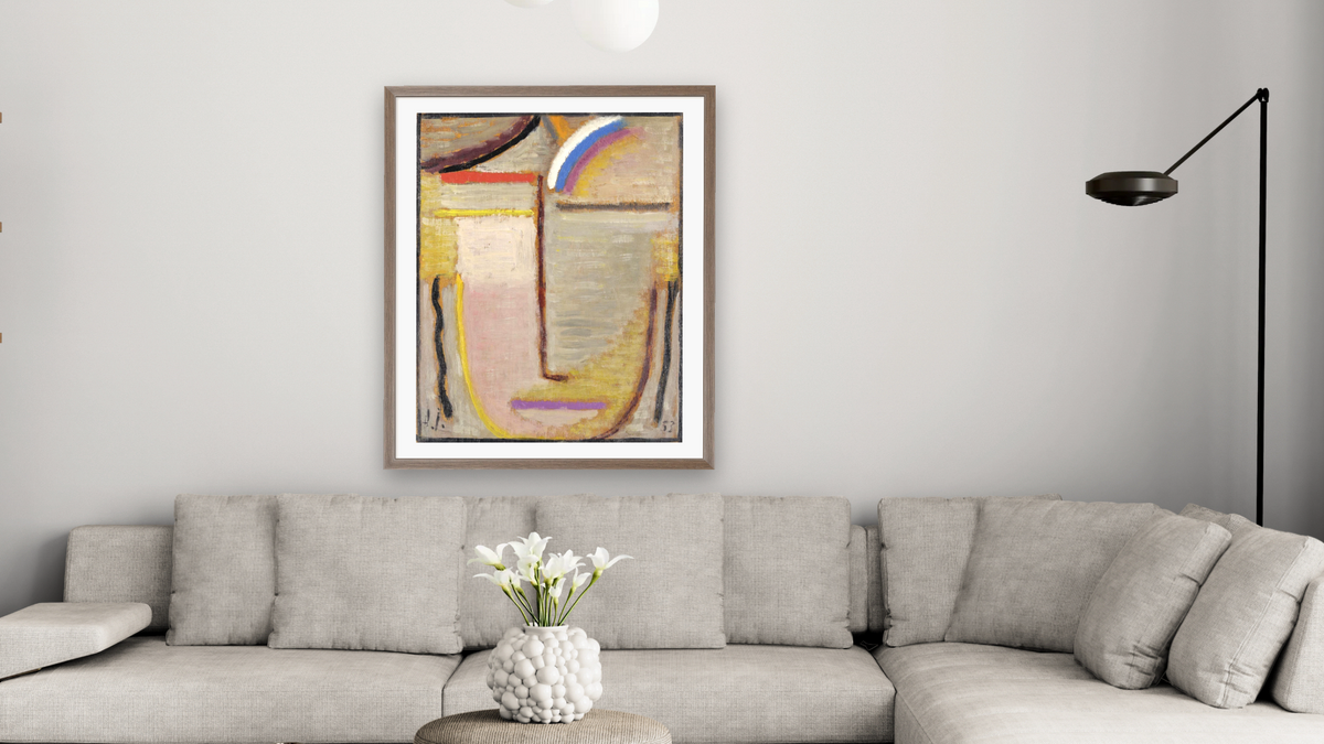 Abstract Head by Alexei Jawlensky, shown at 32 × 40 in (81.3 × 101.6 cm) in Arber Light Walnut, living