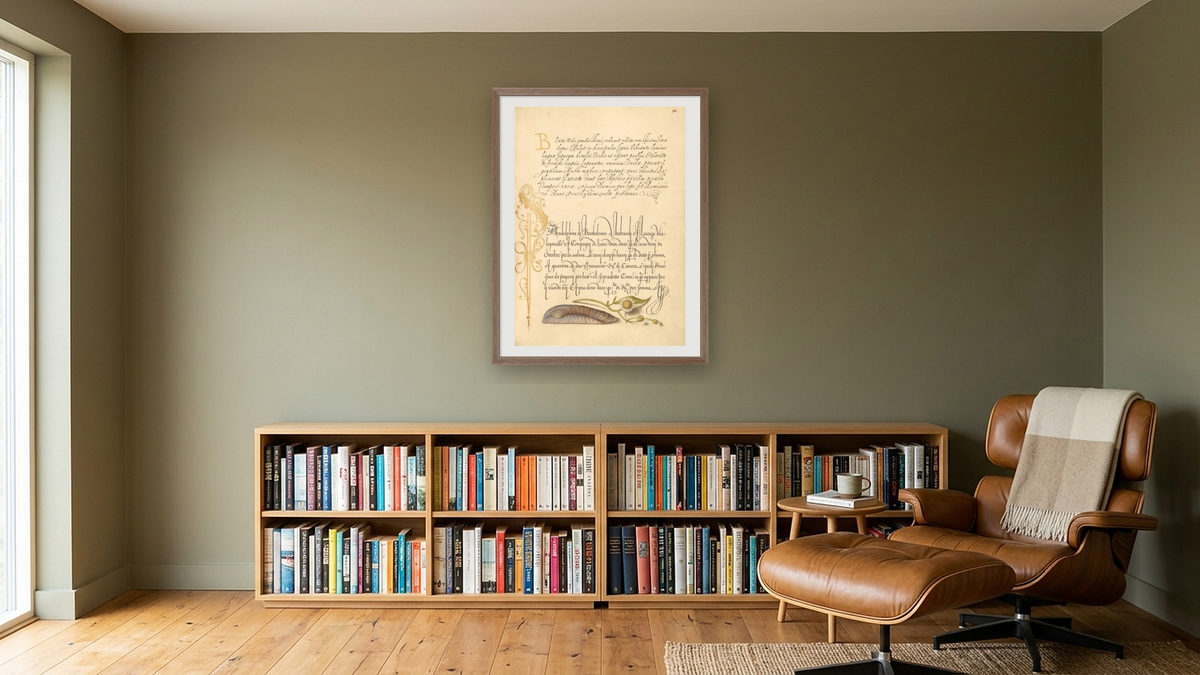 Noah's Ark Shell and Sneezewort by Joris Hoefnagel and Georg Bocskay, shown at 30 × 40 in (76.2 × 101.6 cm) in Arber Light Walnut, library