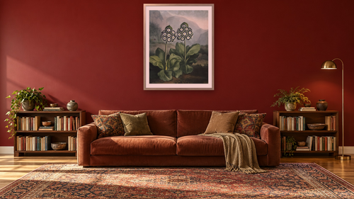 A Group of Auriculas II by Robert John Thornton, shown at 32 × 40 in (81.3 × 101.6 cm) in Ramino Night Silver, library [arteriel-render:v6:room_a:32x40@50,24]