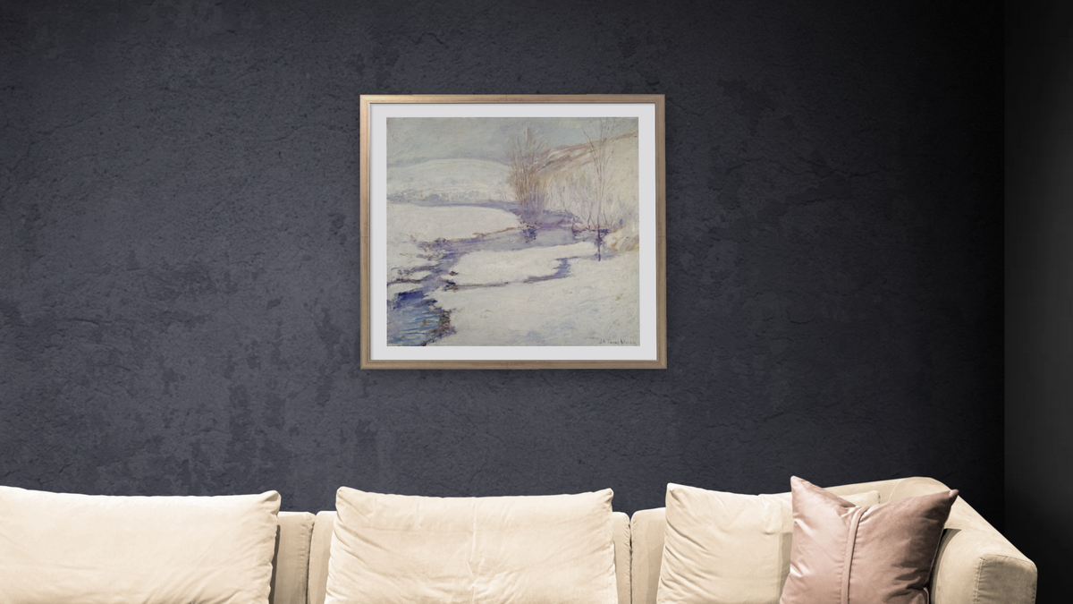 Winter Landscape by John Henry Twachtman, shown at 32 × 32 in (81.3 × 81.3 cm) in Ramino Night Silver, living