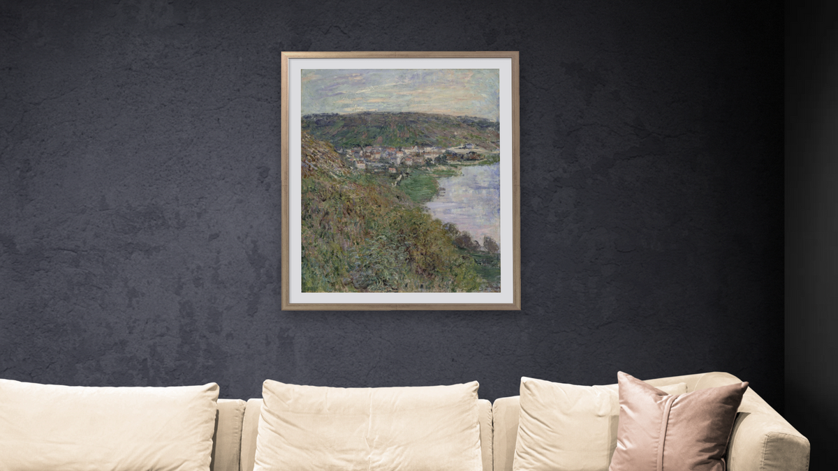 View of Vetheiul by Claude Monet, shown at 32 × 40 in (81.3 × 101.6 cm) in Ramino Night Silver, living