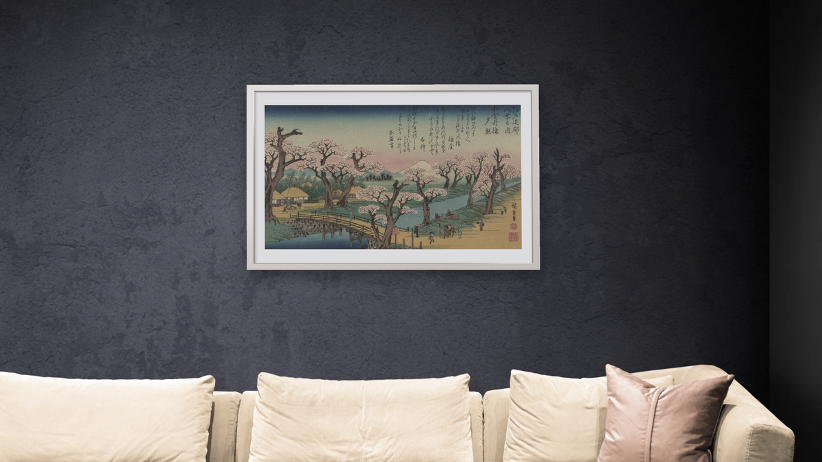 Evening Glow at Koganei Bridge by Andō Hiroshige, shown at 28 × 42 in (71.1 × 106.7 cm) in Ramino Night Silver, living