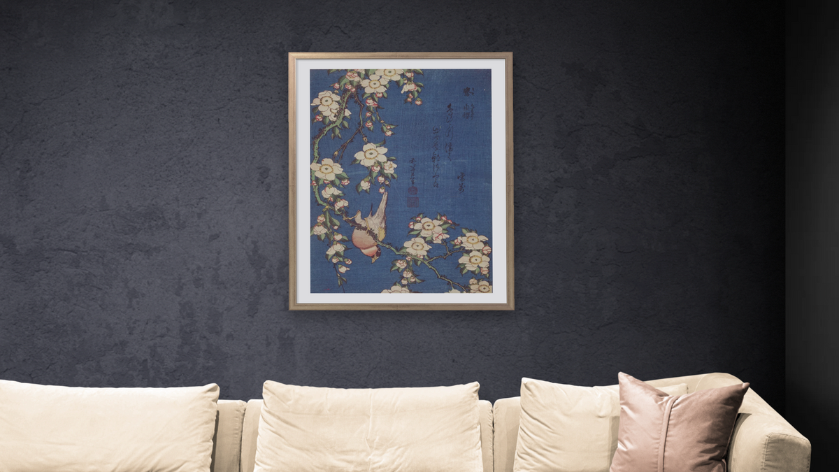 Bullfinch and Weeping Cherry by Katsushika Hokusai, shown at 30 × 40 in (76.2 × 101.6 cm) in Ramino Night Silver, living