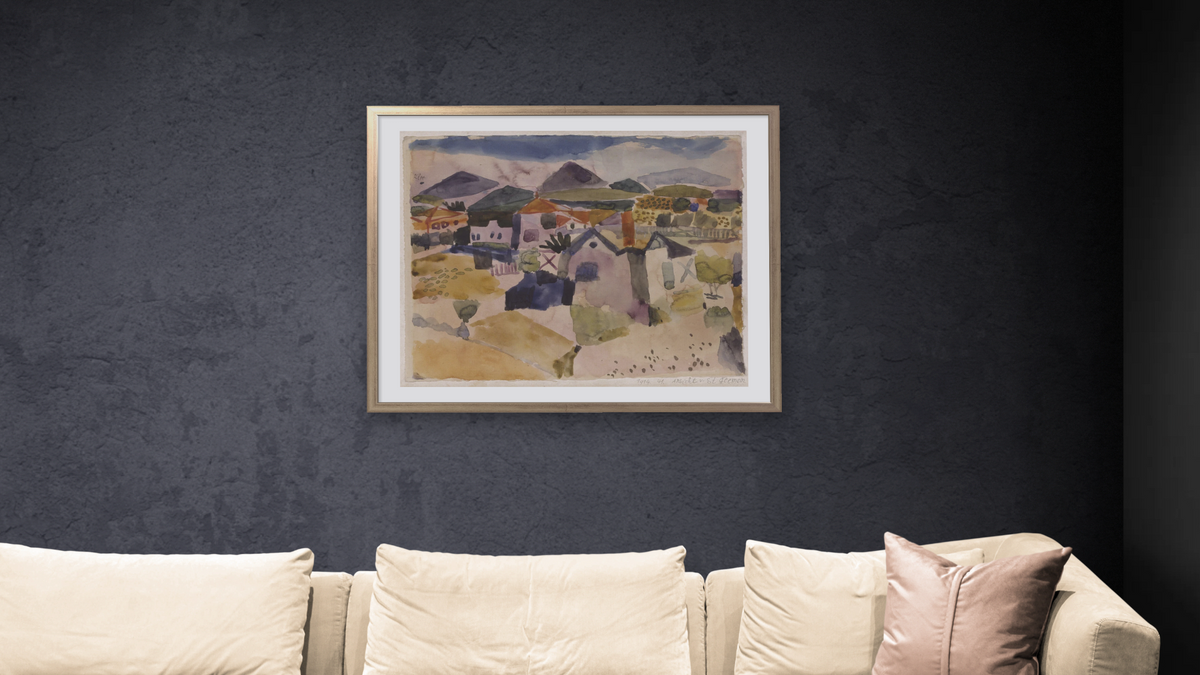 View of Saint Germain by Paul Klee, shown at 32 × 40 in (81.3 × 101.6 cm) in Ramino Night Silver, living