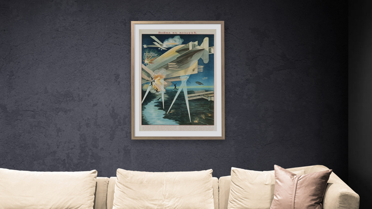 Poster of Russian Biplanes and Zeppelin, shown at 28 × 42 in (71.1 × 106.7 cm) in Ramino Night Silver, living
