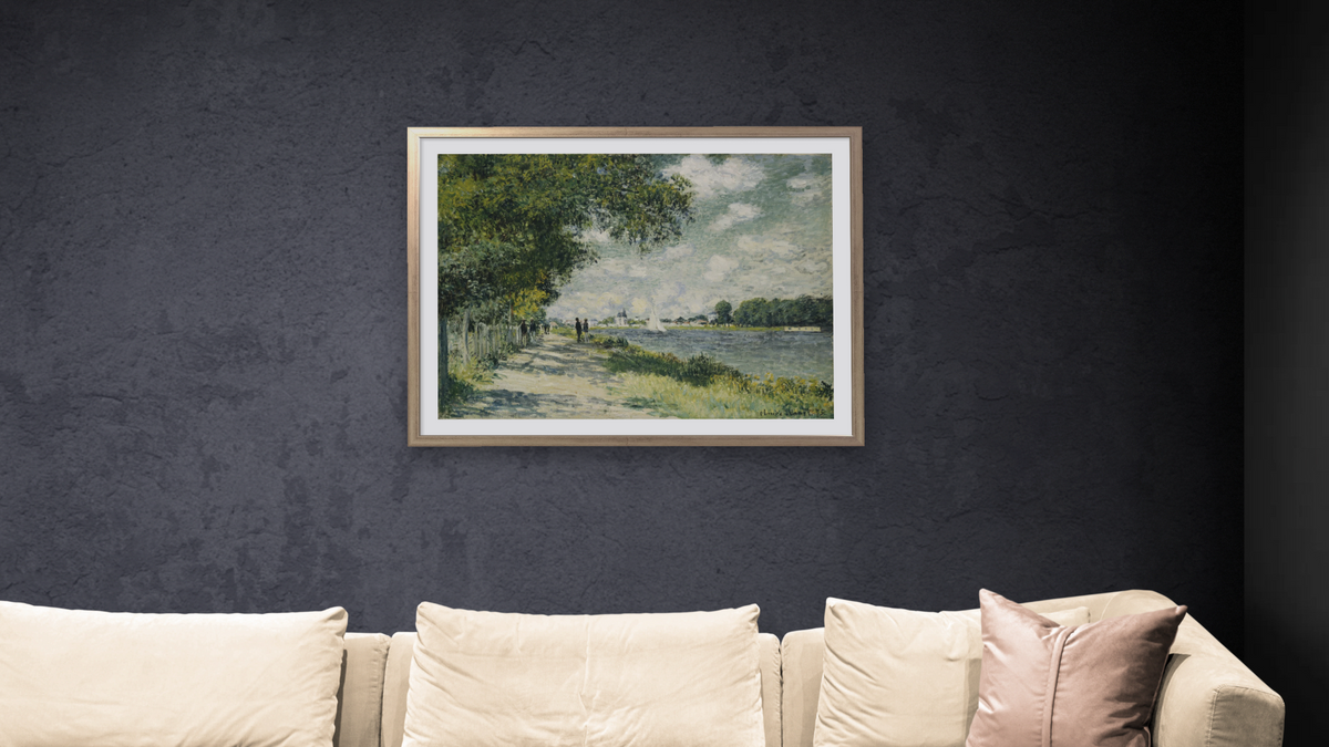 The Seine at Argenteuil by Claude Monet, shown at 30 × 40 in (76.2 × 101.6 cm) in Ramino Night Silver, living