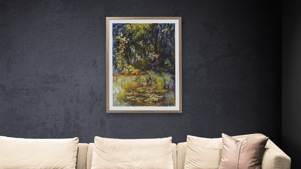 Corner of a Pond With Waterlilies by Claude Monet, shown at 28 × 42 in (71.1 × 106.7 cm) in Ramino Night Silver, living