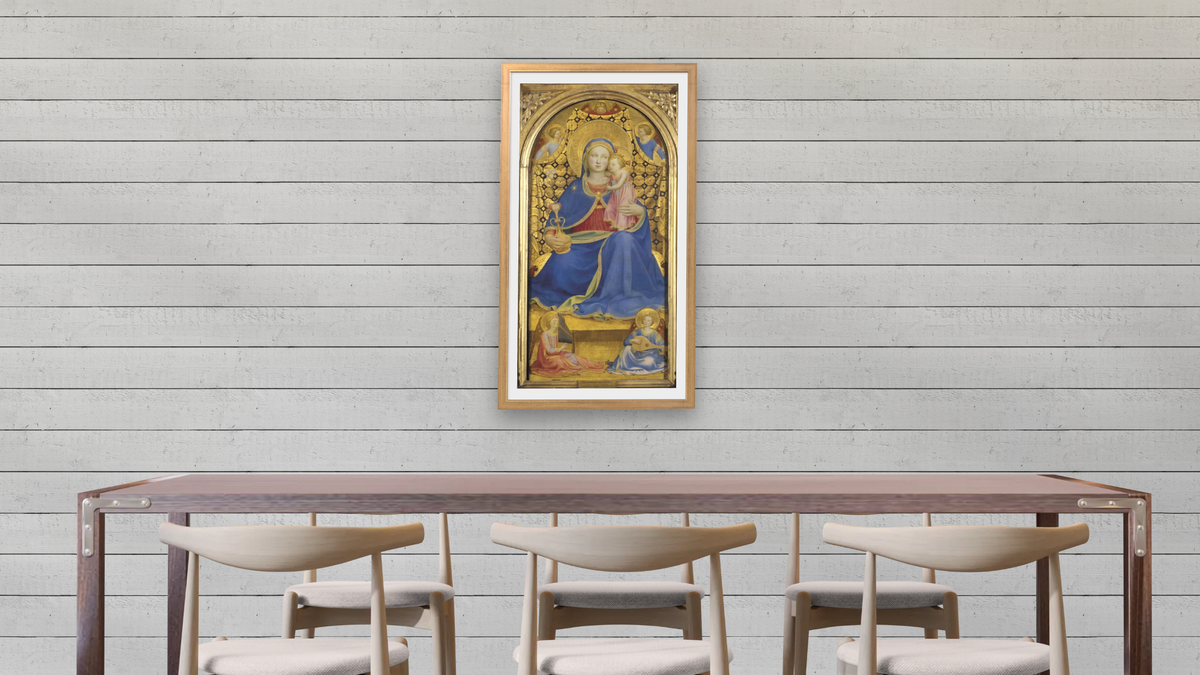 Mare de Deu de la Humilitat by Fra Angelico, shown at 20 × 40 in (50.8 × 101.6 cm) in Ramino Night Gold, dining