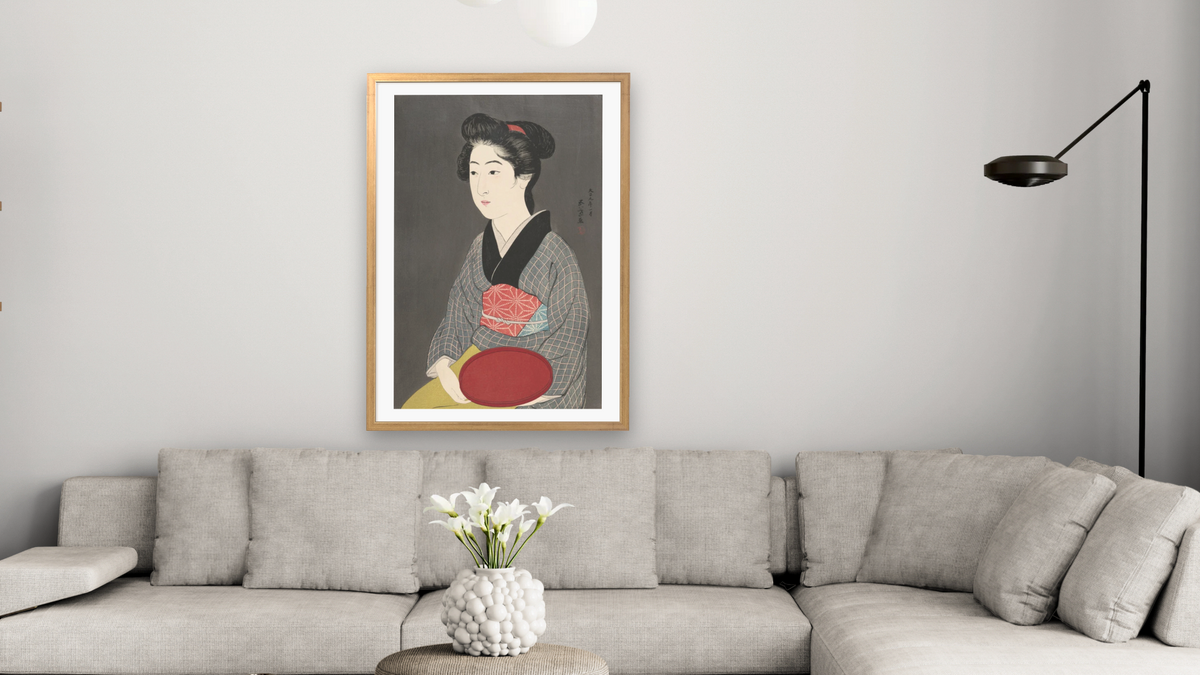 O-Nao with a Tray (O-nao) by Goyō Hashiguchi, shown at 28 × 42 in (71.1 × 106.7 cm) in Ramino Night Gold, living