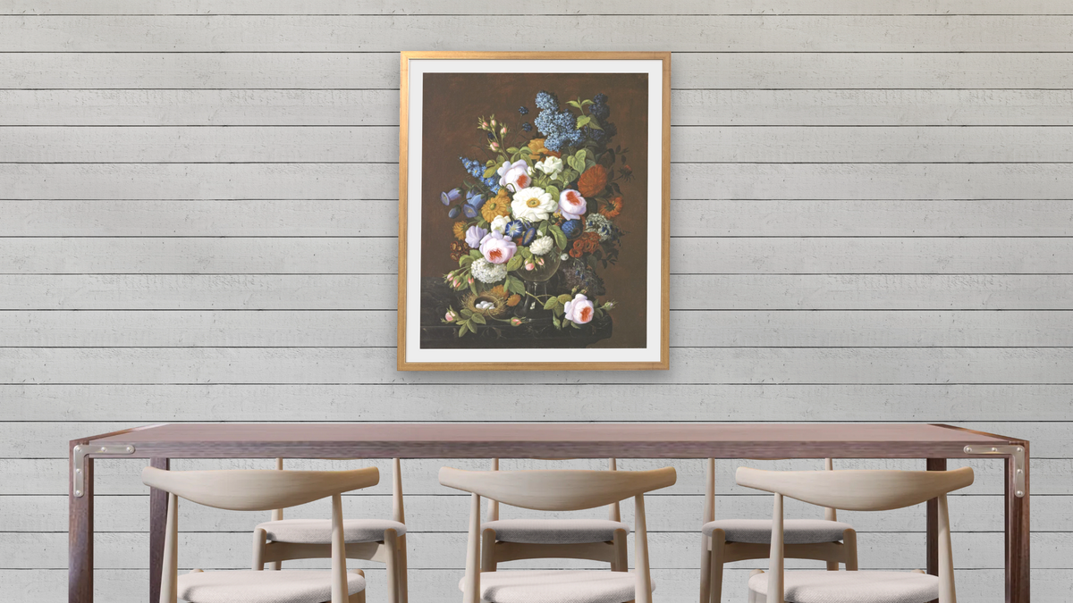 Floral Still Life by Severin Roesen, shown at 32 × 40 in (81.3 × 101.6 cm) in Ramino Night Gold, dining