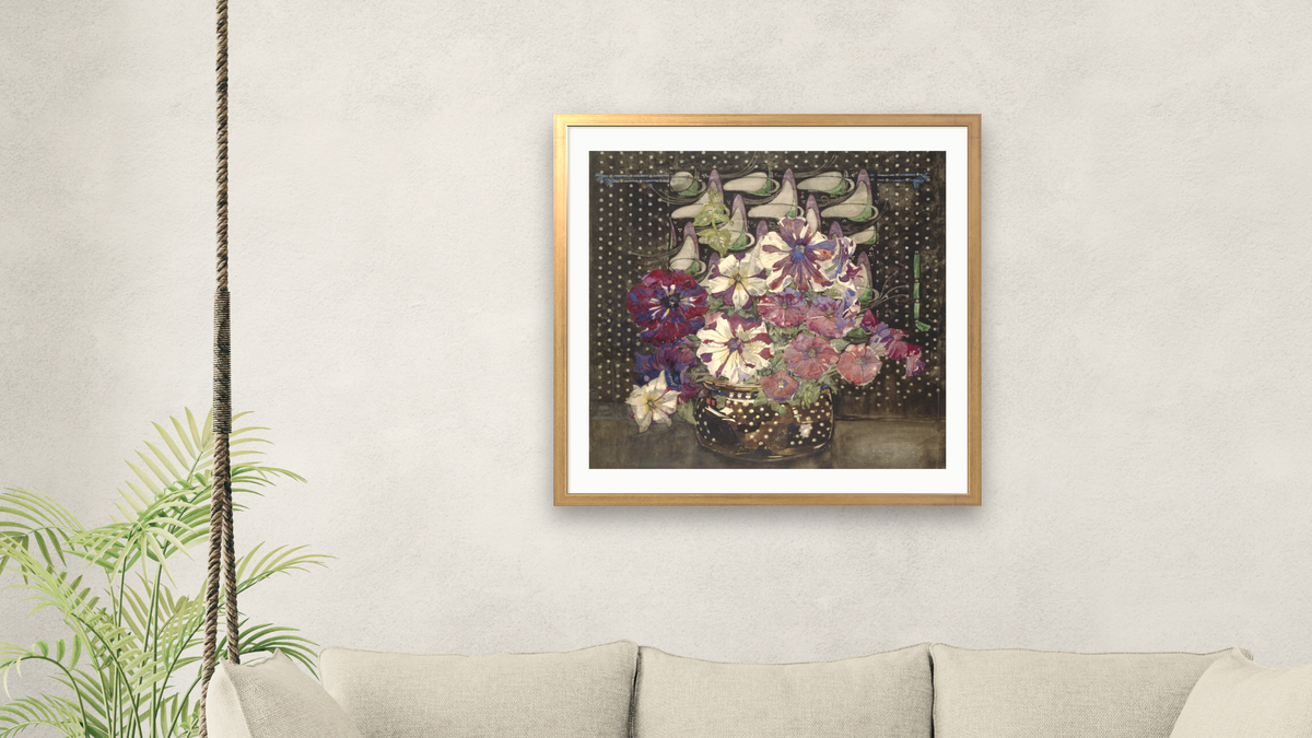 Petunias by Charles Rennie Mackintosh, shown at 32 × 32 in (81.3 × 81.3 cm) in Ramino Night Gold, living