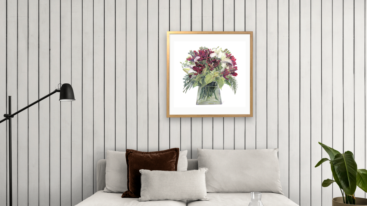 Hoilday Bouquet by Kirsten Söderlind, shown at 32 × 32 in (81.3 × 81.3 cm) in Ramino Night Gold, living