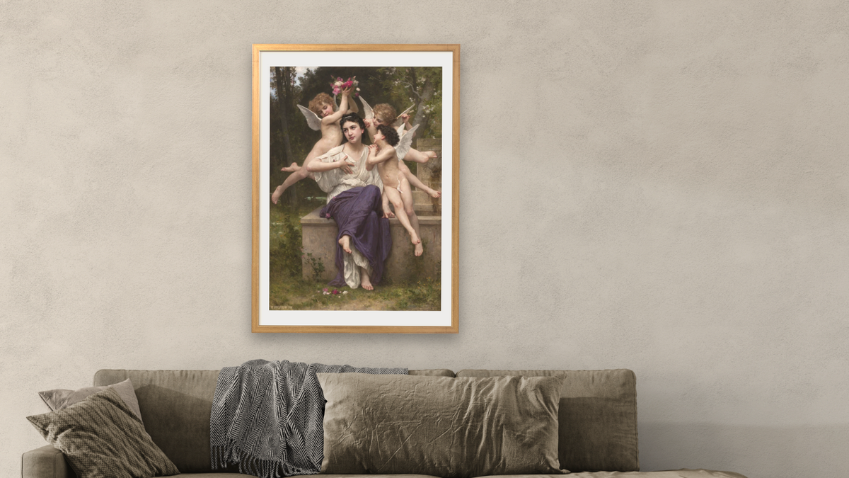 Dream of Spring (Reve de printemps) by William-Adolphe Bouguereau, shown at 28 × 42 in (71.1 × 106.7 cm) in Ramino Night Gold, living
