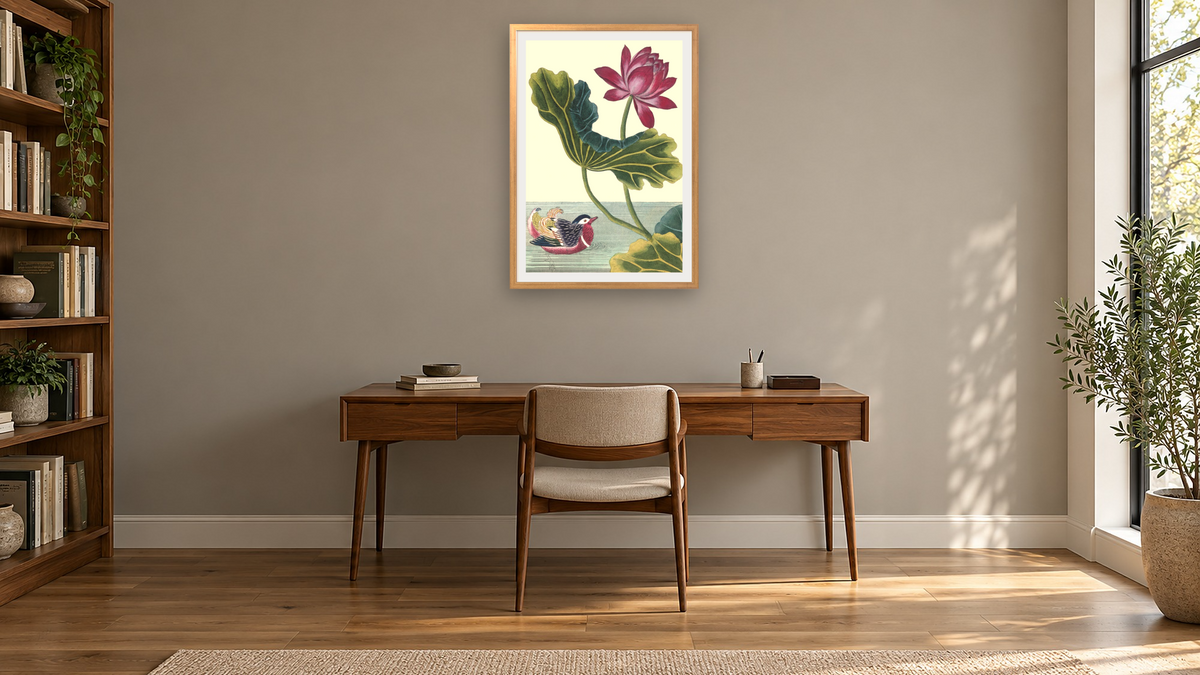 Red lotus with mandarin duck by Pierre Joseph Buchoz, shown at 28 × 42 in (71.1 × 106.7 cm) in Ramino Night Gold, library
