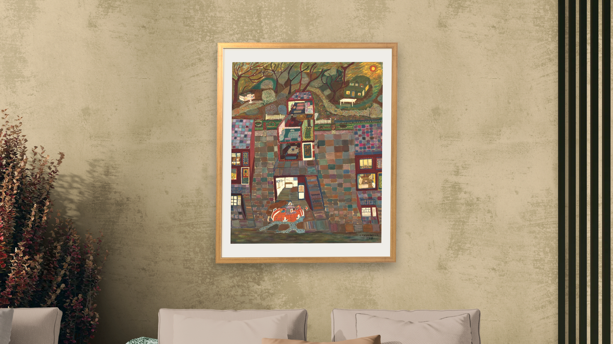 Sam's Dream by Ralph Fasanella, shown at 32 × 40 in (81.3 × 101.6 cm) in Ramino Night Gold, living