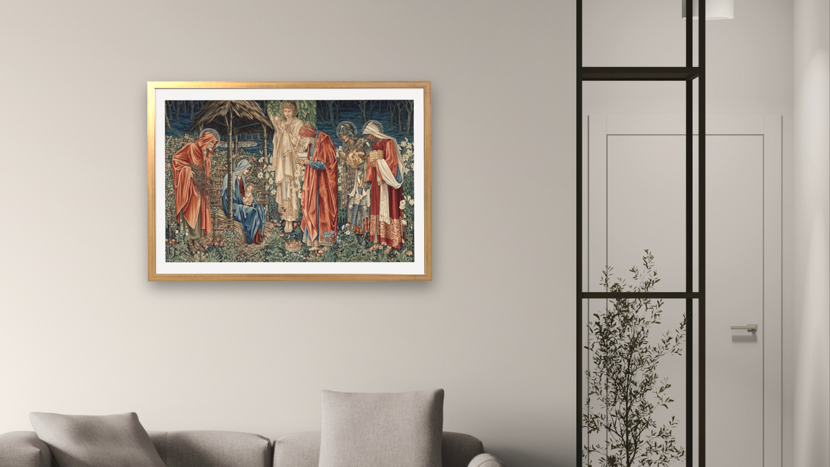 The Listener by Edward Burne-Jones, shown at 28 × 42 in (71.1 × 106.7 cm) in Ramino Night Gold, living
