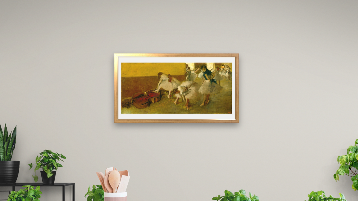 Dancers in the Green Room by Edgar Degas, shown at 20 × 40 in (50.8 × 101.6 cm) in Ramino Night Gold, dining