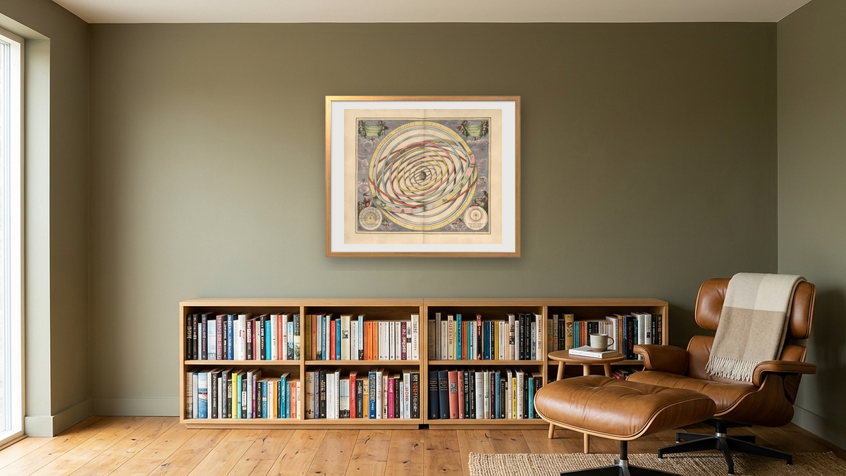 Plate 3 from Harmonia Macrocosmica by Andreas Cellarius, shown at 32 × 40 in (81.3 × 101.6 cm) in Ramino Night Gold, library