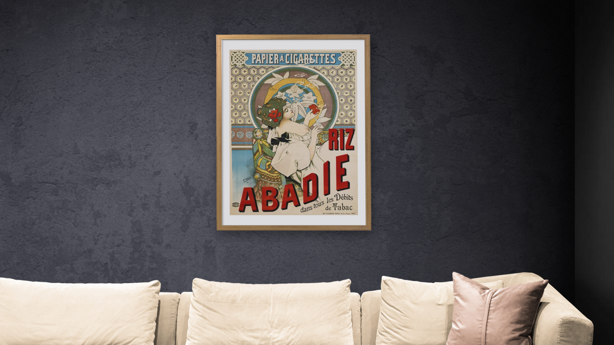Riz Abadie Poster by H. Gray, shown at 28 × 42 in (71.1 × 106.7 cm) in Ramino Night Gold, living